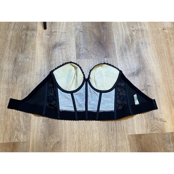 Vintage Black Lace Strapless Bustier With Floral Mesh Design & Underwire 36D - Picture 7 of 8